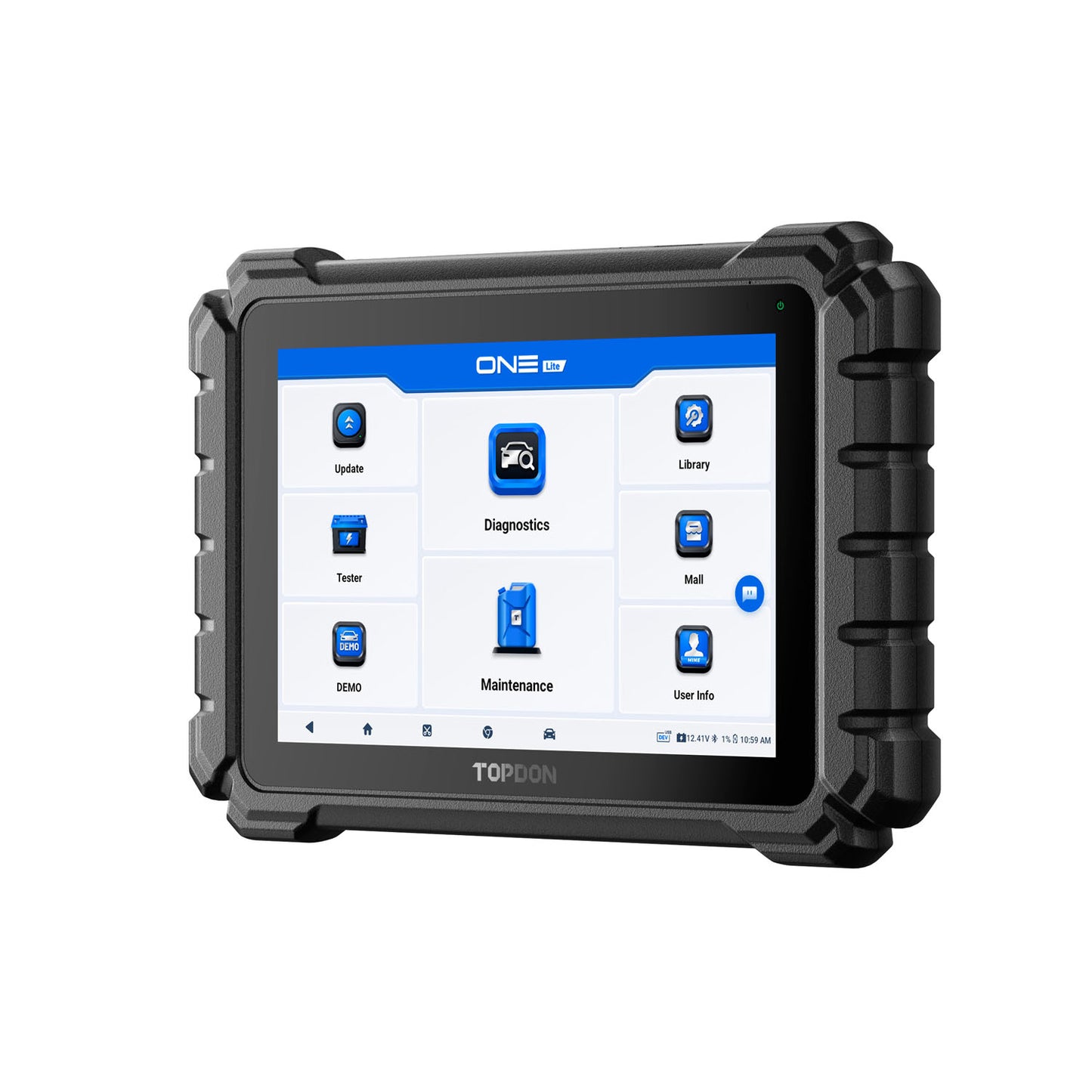 Angled view of TOPDON ONE Lite professional vehicle scan tool with rugged design for automotive technicians.