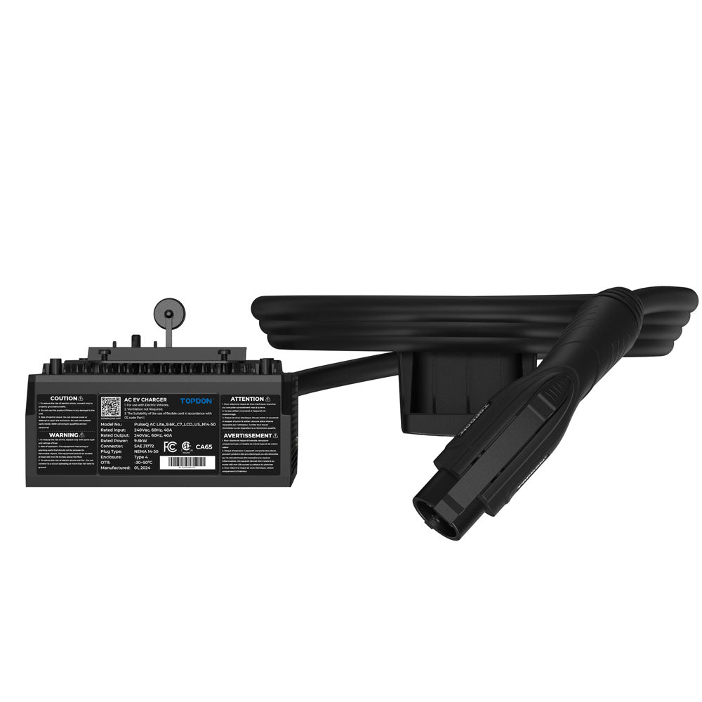 Black PulseQ AC Lite 40A charging unit with cable connector and wall mounting bracket shown at angle.