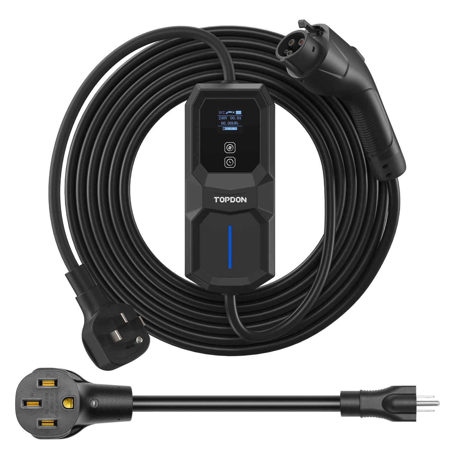 Black portable EV charger with coiled cable, control box with blue display and buttons, and detachable charging connectors.