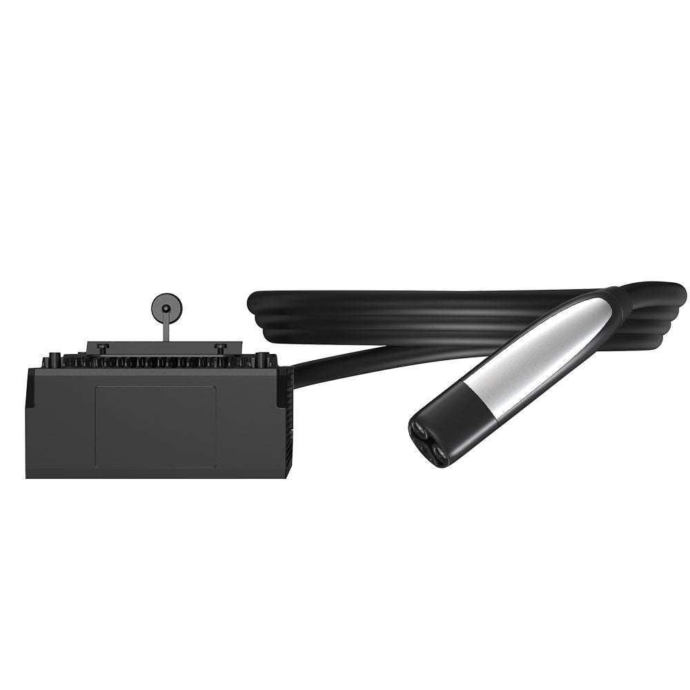 Black AC charging station with silver and black connector handle attached to coiled cable.