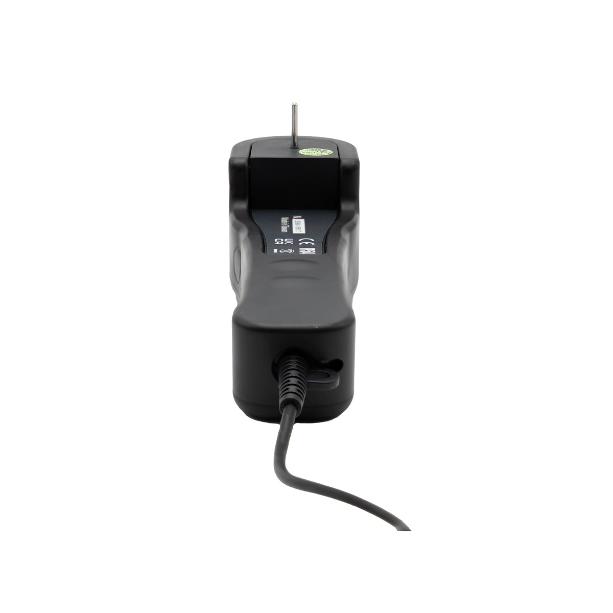 Black and gray tire tread depth gauge with digital display, metal probe, and attached cord.