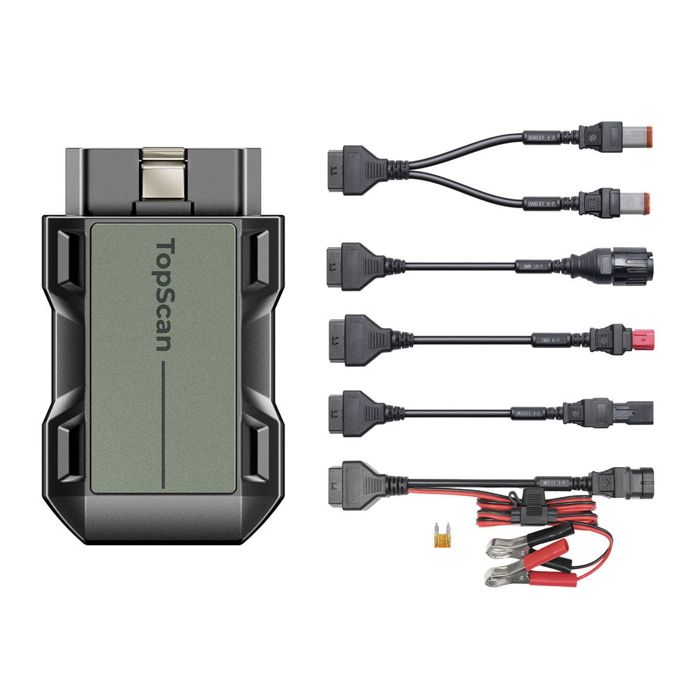 TopScan Moto diagnostic scanner with green display and six interchangeable connector cables plus battery clamps.