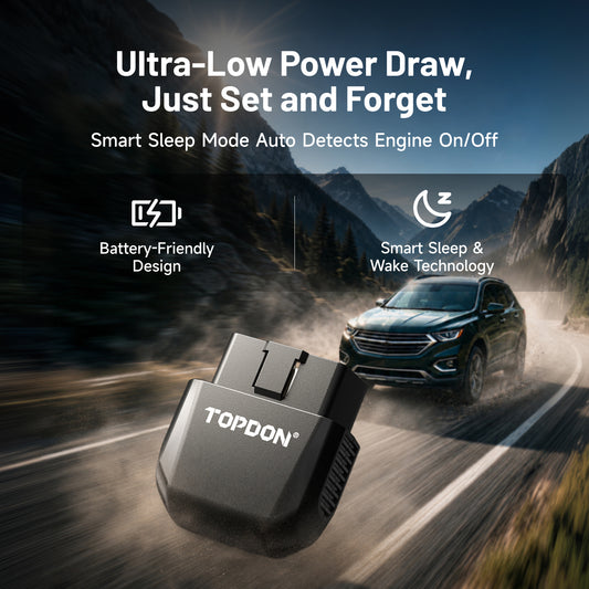 TOPDON AFM Disabler A+ graphic showing ultra-low power draw, battery-friendly smart sleep mode, and automatic engine on-off detection