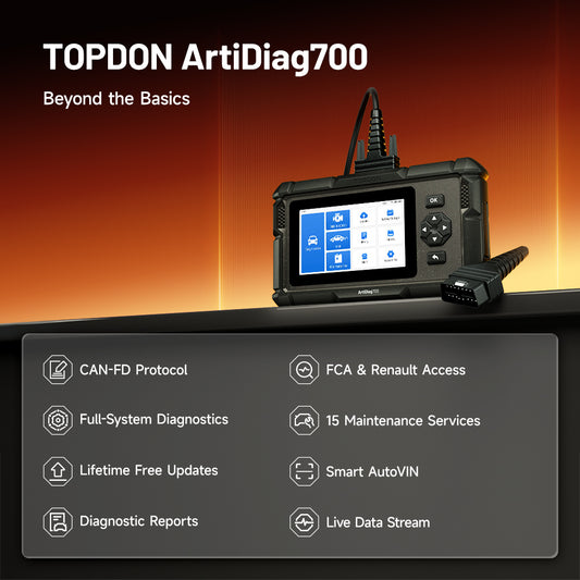 TOPDON ArtiDiag700 automotive diagnostic scanner with CAN-FD, full-system diagnostics, FCA and Renault access, 15 maintenance services, AutoVIN and live data streaming