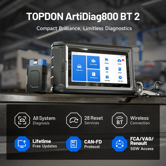 TOPDON ArtiDiag800BT 2 automotive diagnostic scanner with Bluetooth VCI, all-system diagnosis, 28 service resets, CAN-FD, FCA and VAG access