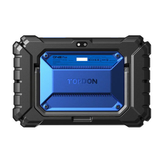Rear view of TOPDON ONE Plus diagnostic tablet showing reinforced back housing and TOPDON branding