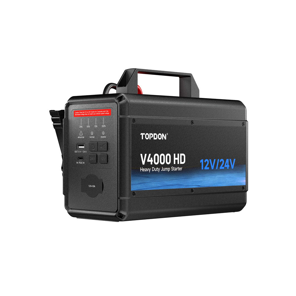 Angled rear view of the TOPDON V4000 HD heavy duty jump starter.