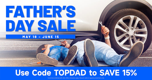 Father and son working on a car in a garage using TOPDON tools, with text overlay that reads “Father’s Day Sale – Save 15% with Code TOPDAD, May 18–June 15”