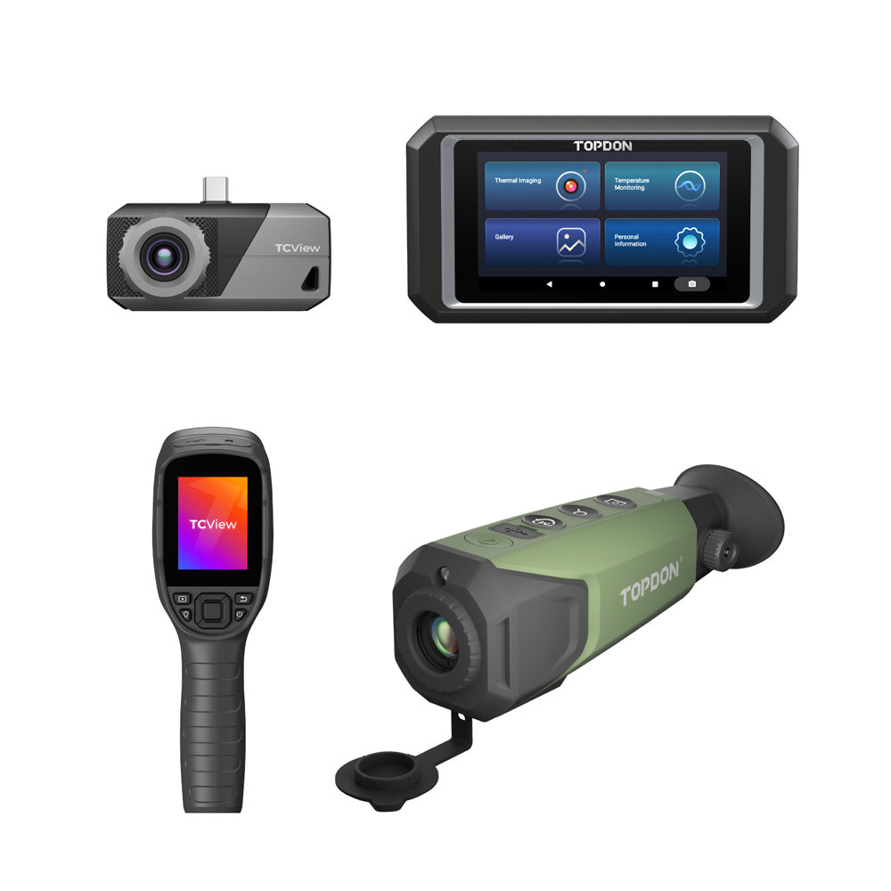 TOPDON handheld thermal imager detecting heat patterns on a circuit breaker panel – ideal for home inspections, HVAC, automotive, and electrical diagnostics