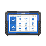Phoenix XLink diagnostic device with blue and black rugged frame displaying touchscreen menu with vehicle scan, ADAS, and ser