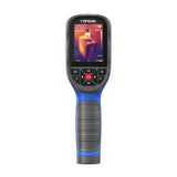 TOPDON TC004 SE thermal imaging camera with blue and gray grip displaying temperature readings on screen.