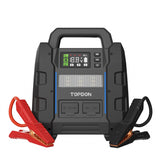 Topdon portable jump starter with black housing, digital display, and red and black battery clamp cables attached.