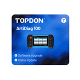 TOPDON ArtiDiag 100 diagnostic device with blue display screen and black side controls on blue gradient background.