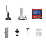 ADAS radar calibration kit components including digital angle protractor, mounting brackets, calibration targets, and instruc