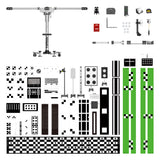 Complete ADAS measurement system with telescoping frame, calibration targets, and accessories laid out.