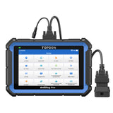ArtiDiag Pro diagnostic scanner with blue and black ruggedized tablet displaying services menu and connected diagnostic cable