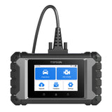 TOPDON diagnostic scanner with touchscreen display showing Diagnostics, OBD II/EOBD, Upgrade, Feedback, and Settings menu opt