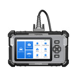 Handheld diagnostic scanner with touchscreen displaying OBDII/EOBD menu options and vehicle diagnostics interface.