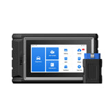 Black diagnostic tablet device with touchscreen displaying menu options for diagnostics, OBD II/EOBD, maintenance, history, u