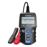 TOPDON battery tester with LCD screen displaying 12.47V, includes black and red test clamps.