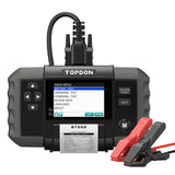 TOPDON BT600 battery tester with digital display screen, navigation buttons, and red and black clamp cables attached.