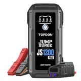 Black and gray portable jump starter with battery display on screen, red and black clamp cables, and compact power bank modul