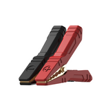 Three replacement clamps in black, red, and burgundy with metal contacts and textured handles.