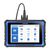 Black and blue diagnostic tablet with "Phoenix Nano" display and connected cable, showing scan and menu options.