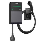 Black TOPDON wall-mounted EV charging station with attached cable, connector, and display screen showing green indicator ligh