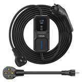 Black portable EV charger with coiled cable, control box with blue display and buttons, and detachable charging connectors.