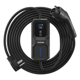 Black portable EV charger with coiled cable, digital display showing voltage and amperage readings, and connector at right en