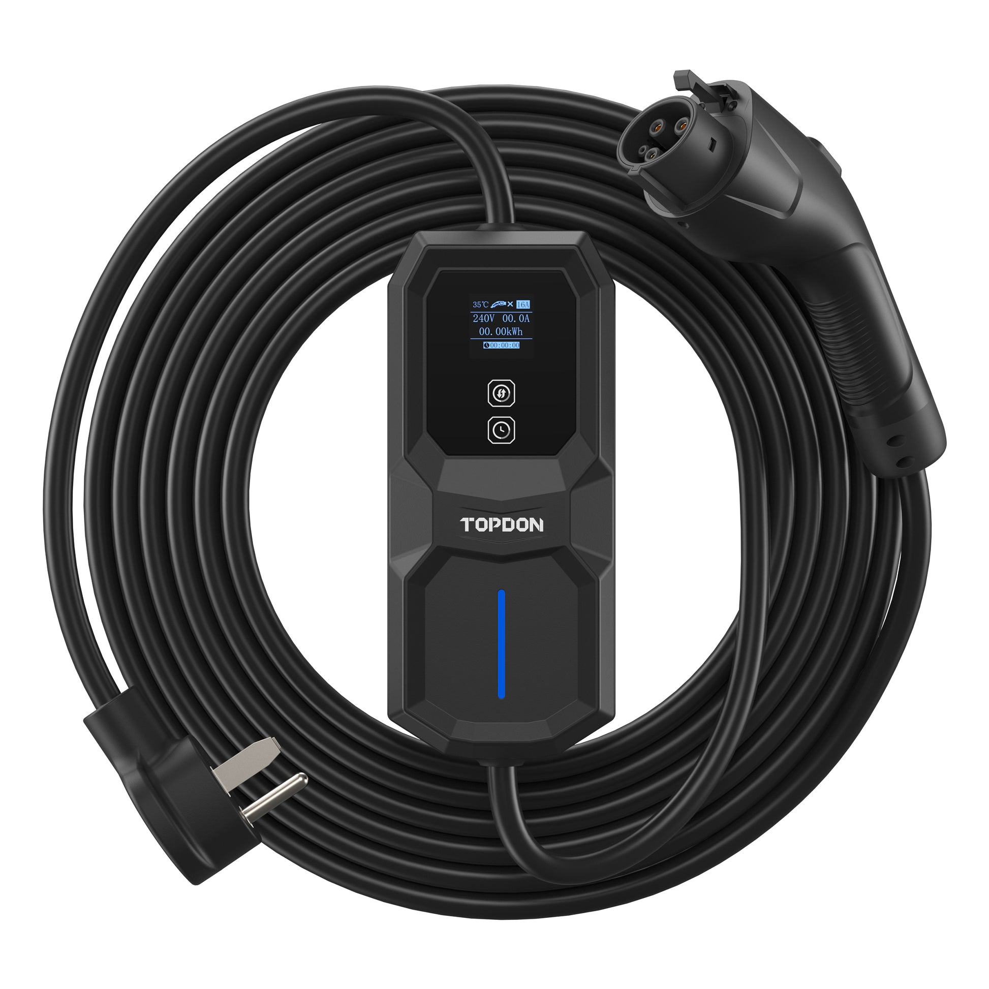 Black portable EV charger with coiled cable, digital display showing voltage and amperage readings, and connector at right en