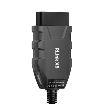 Angled view of the RLink X3 J2534 interface showing the cable connection point and molded grip details.
