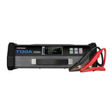 Topdon T120A battery charger with red and black clamp cables attached to the side.