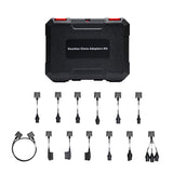 Black carrying case with red latches containing multiple DIN connector adapter cables and a dual connector cable.