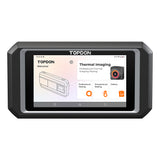 Handheld thermal imaging device with black rubber casing and touchscreen display showing thermal camera interface and menu op