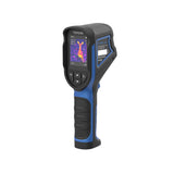 Handheld thermal imaging camera with black and blue body, small display screen showing heat signature, and control buttons.