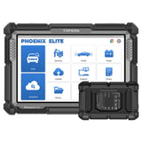 TOPDON Phoenix Elite diagnostic tablet with black rugged case and wireless OBD2 adapter displaying scan, update, and service 