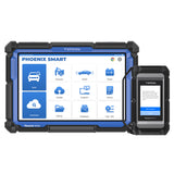 TOPDON Phoenix Smart diagnostic tablet with blue interface and black rugged frame, displayed with companion handheld device.