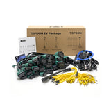 TOPDON EV diagnostic kit with cardboard box, multiple green connectors, yellow and blue cables, instruction manual, and table