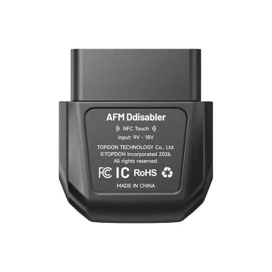 Rear view of the TOPDON AFM/DFM Disabler featuring NFC touch support, FCC certification, and plug-and-play AFM delete functionality