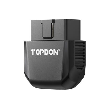 Side angle view of the TOPDON AFM/DFM Disabler showing compact plug-and-play OBD2 design and cooling vent for GM AFM and DFM systems