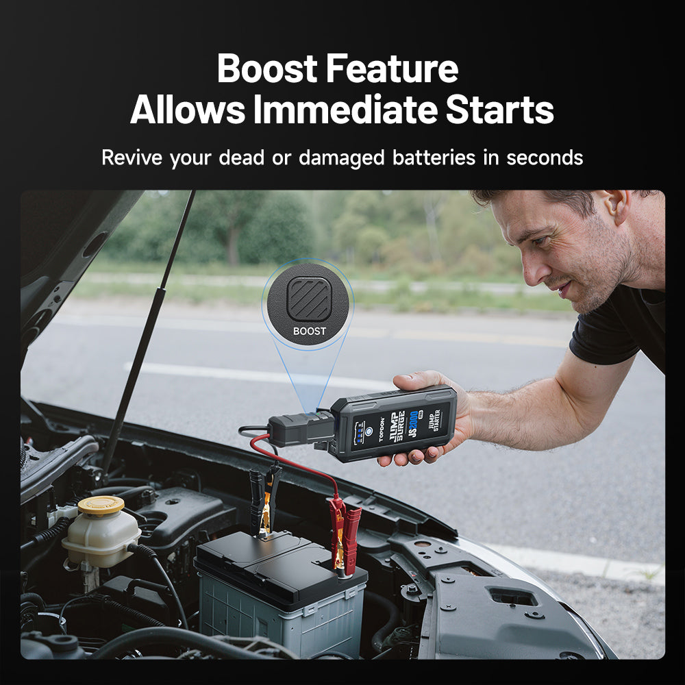TOPDON JumpSurge2000Pro (JS2000Pro) jump starter used under the hood showing boost feature for starting dead or damaged batteries.