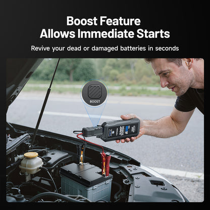 TOPDON JumpSurge2000Pro (JS2000Pro) jump starter used under the hood showing boost feature for starting dead or damaged batteries.