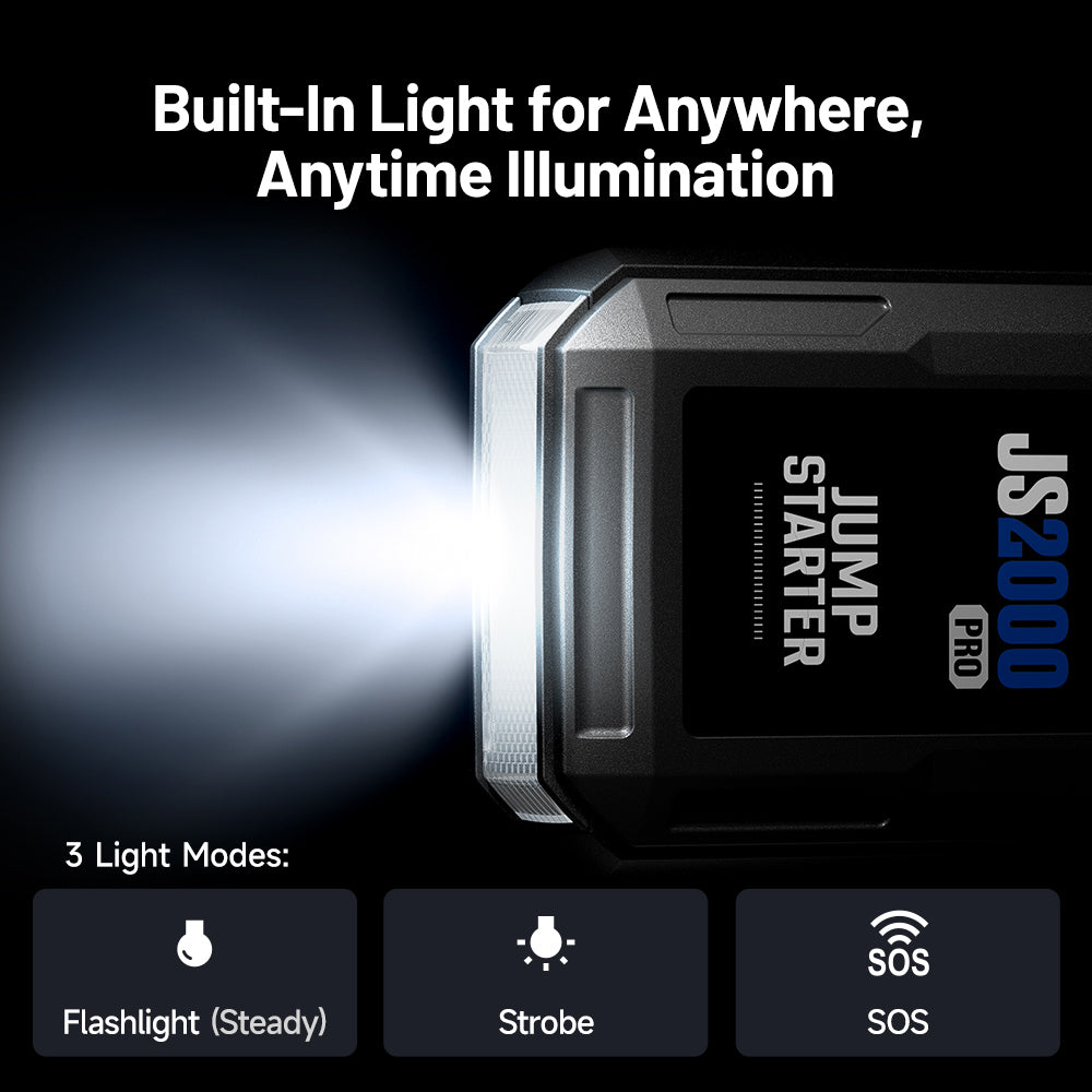 Close-up of TOPDON JumpSurge2000Pro (JS2000Pro) jump starter showing built-in light and three modes: steady flashlight, strobe, and SOS.