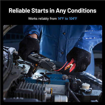 TOPDON JumpSurge2000Pro (JS2000Pro) jump starter used in snowy conditions showing reliable starts from 14°F to 104°F.