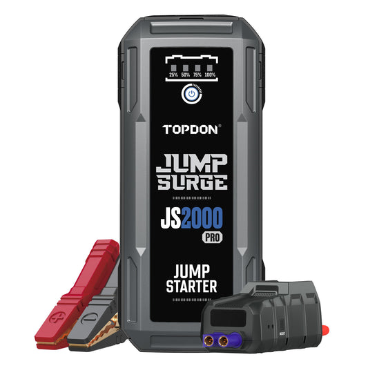 TOPDON JumpSurge2000Pro (JS2000Pro) portable jump starter with red/black jumper clamps shown in front view.