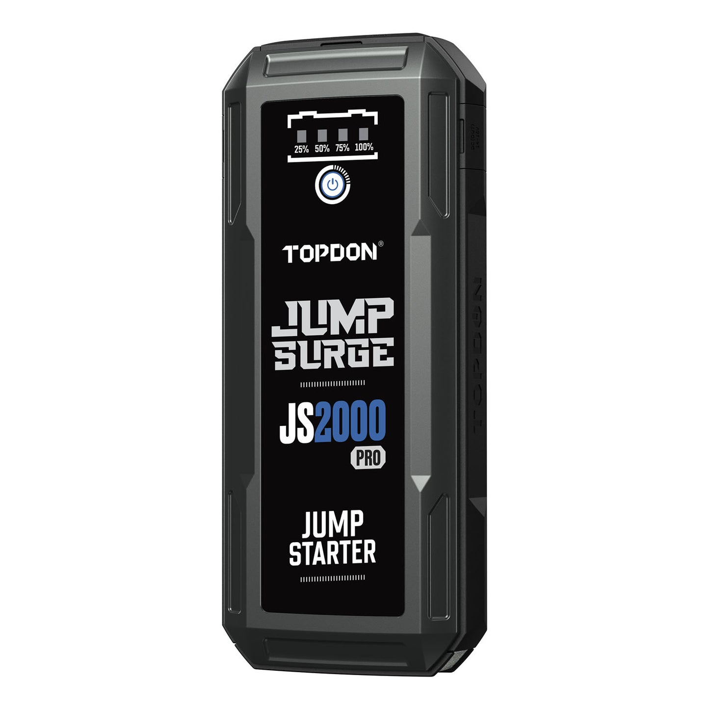 Angled front view of the TOPDON JumpSurge2000Pro (JS2000Pro) jump starter showing rugged side housing and display panel.