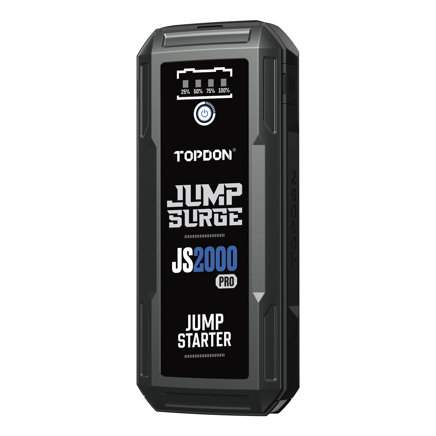 Angled front view of the TOPDON JumpSurge2000Pro (JS2000Pro) jump starter showing rugged side housing and display panel.