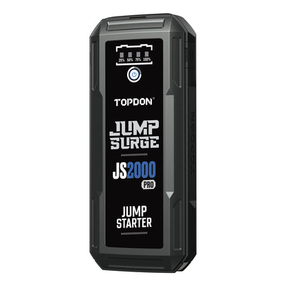 Angled front view of the TOPDON JumpSurge2000Pro (JS2000Pro) jump starter showing rugged side housing and display panel.